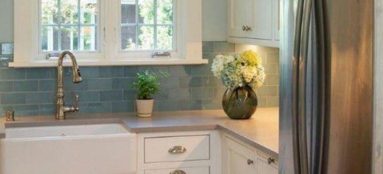 craftsman kitchen, backsplash, farmhouse sink, refrigerator