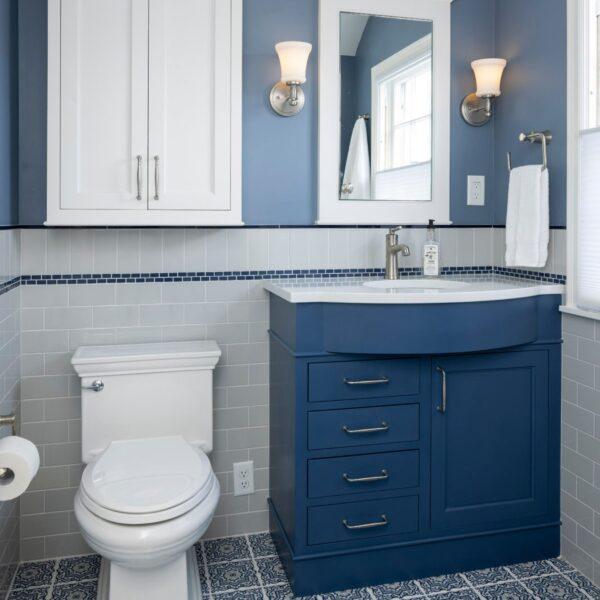 blue-bathroom-remodel, storage cabinet, medicine cabinet