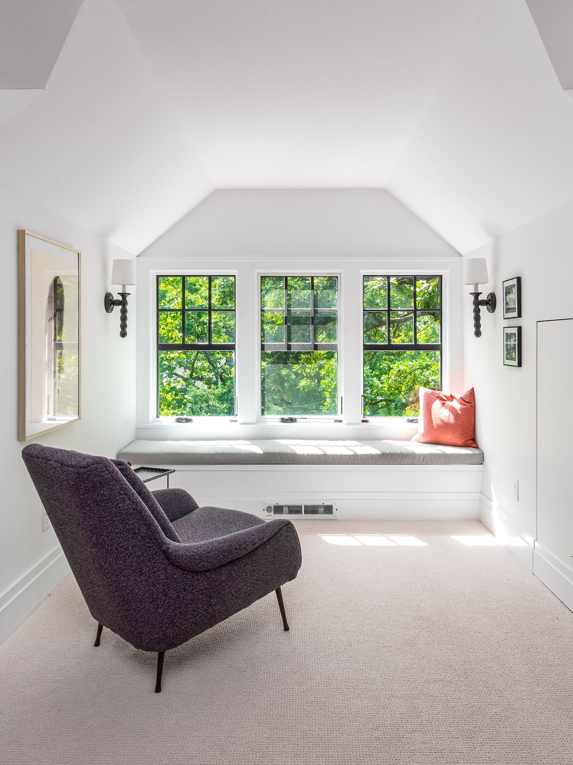 built-in bench with three windows across