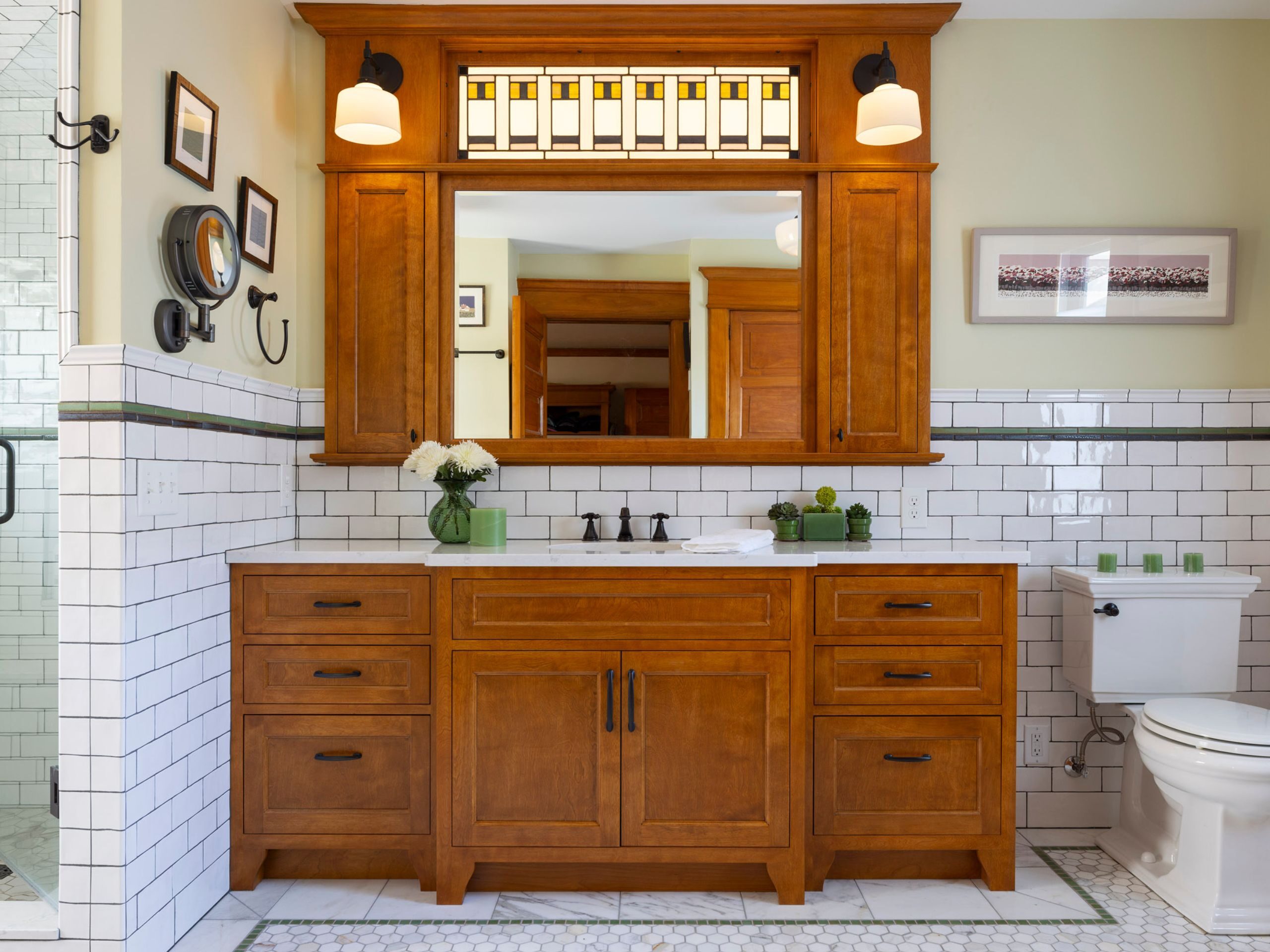 large wood vanity and medicine cabinet