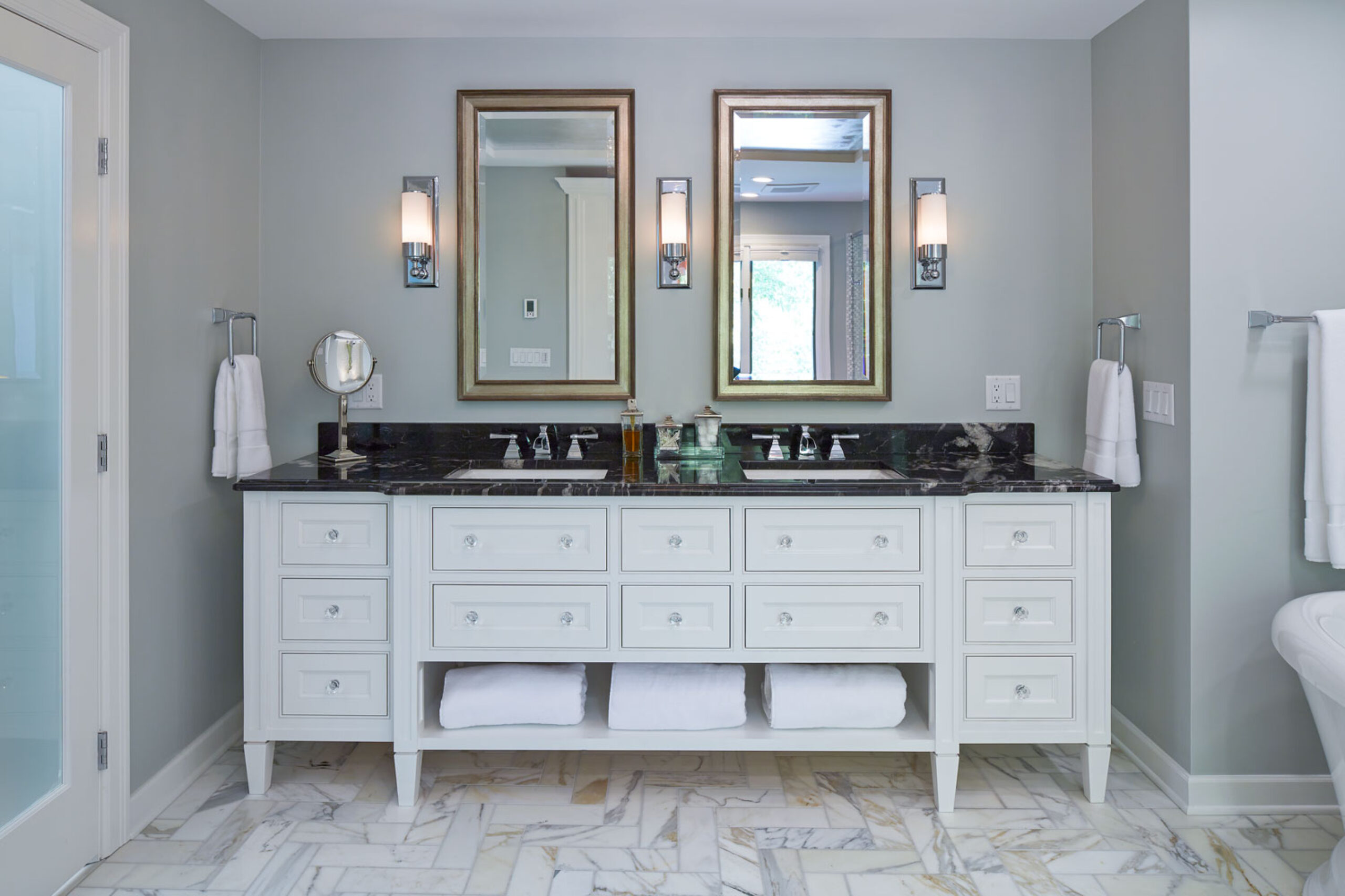 traditional white double vanity with black top