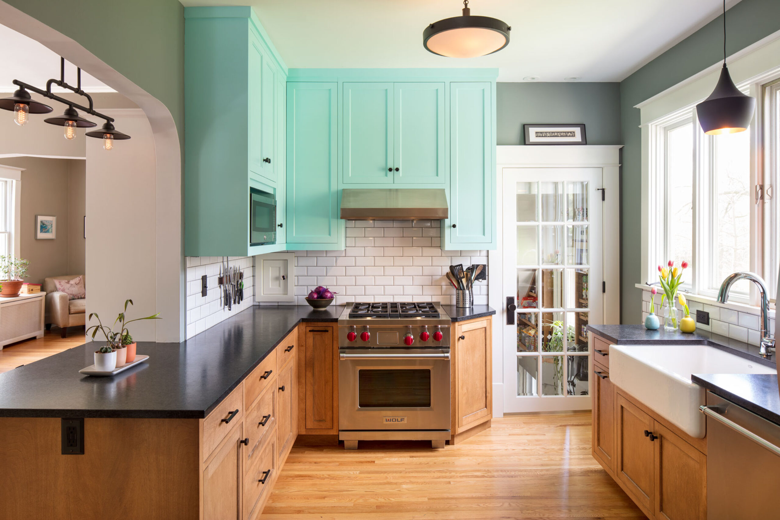 kitchen renovation with mint green cabinets