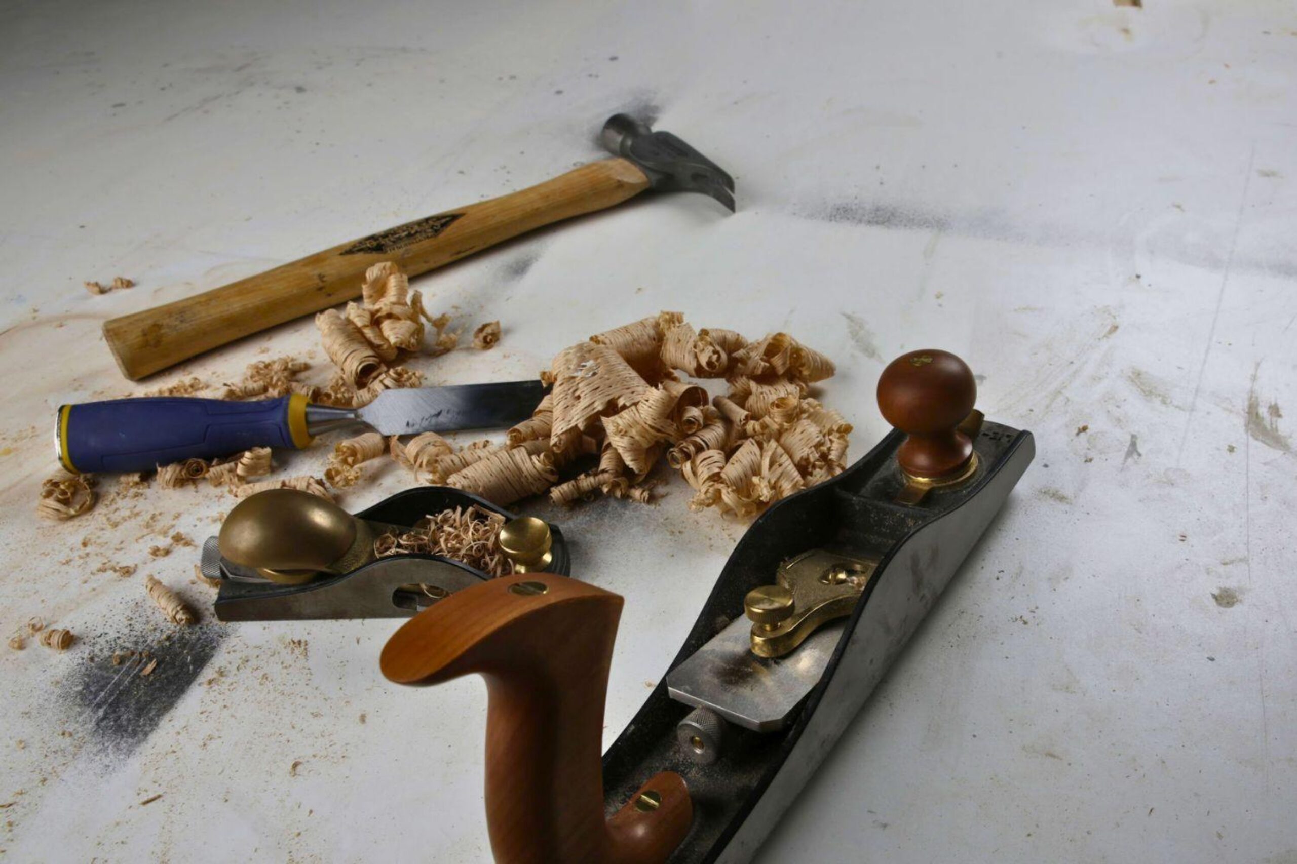 remodeling tools with wood shavings