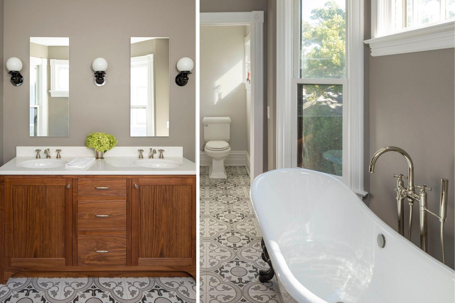 vintage meets transitional with these details, clawfoot tub, light fixtures and plumbing fixtures