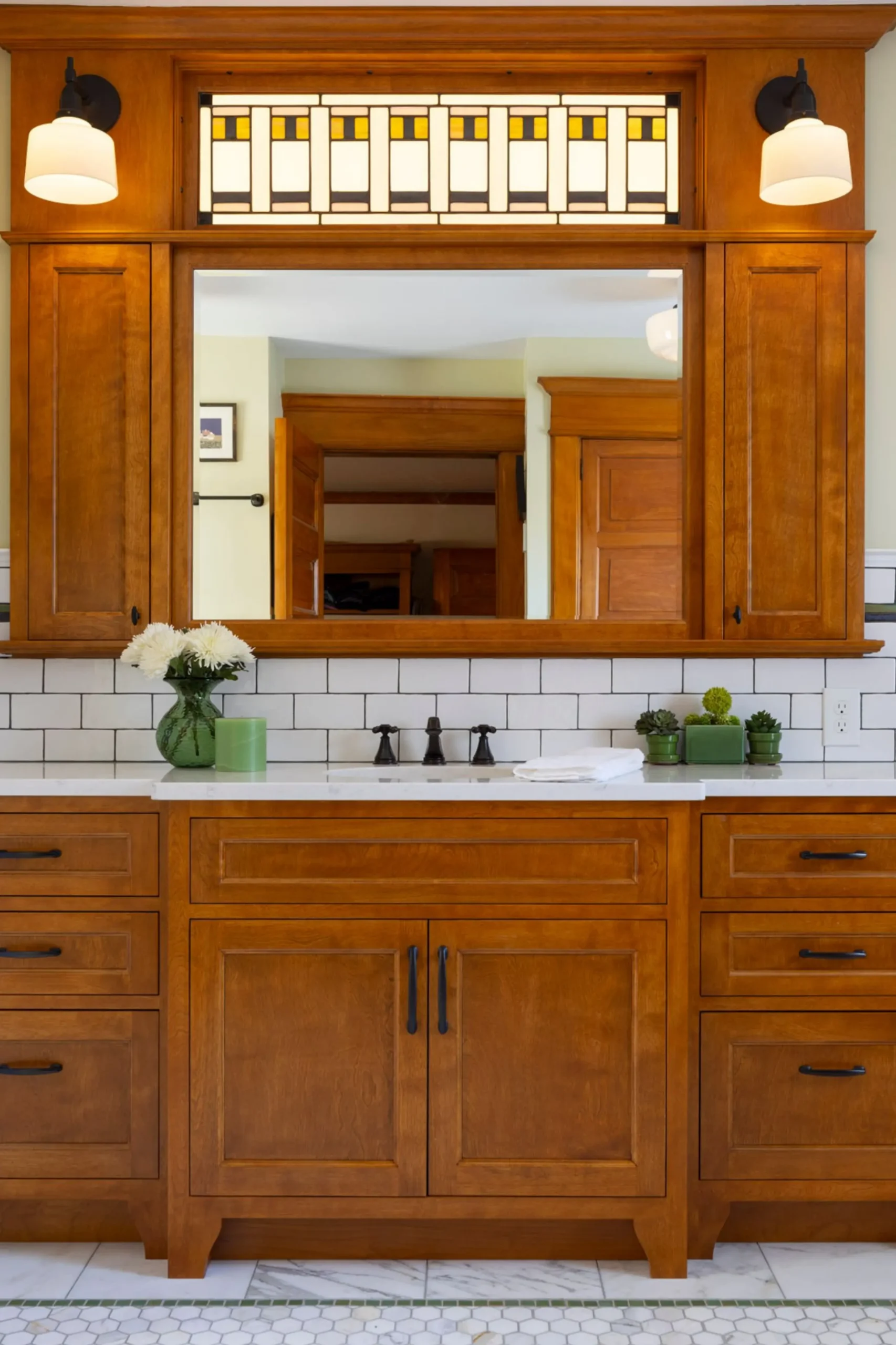 award-winning bathroom, custom wood vanity with stained glass
