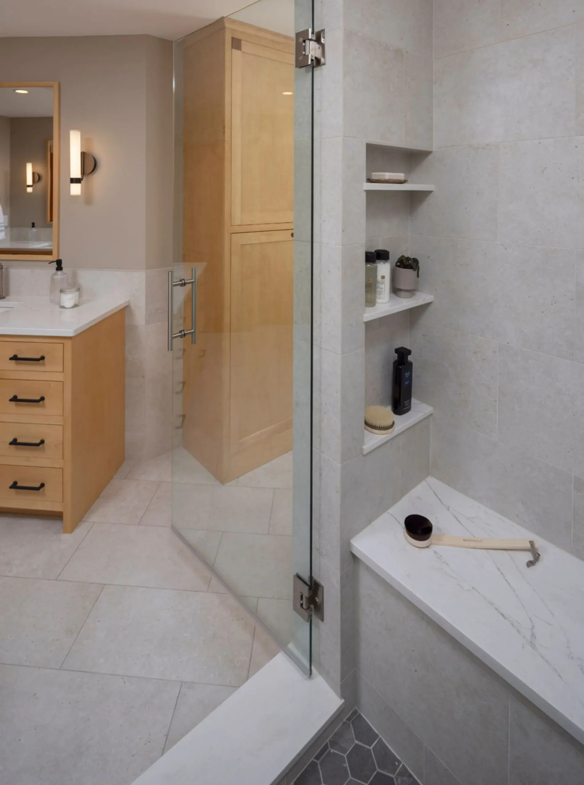shower bench with shelving, glass shower door
