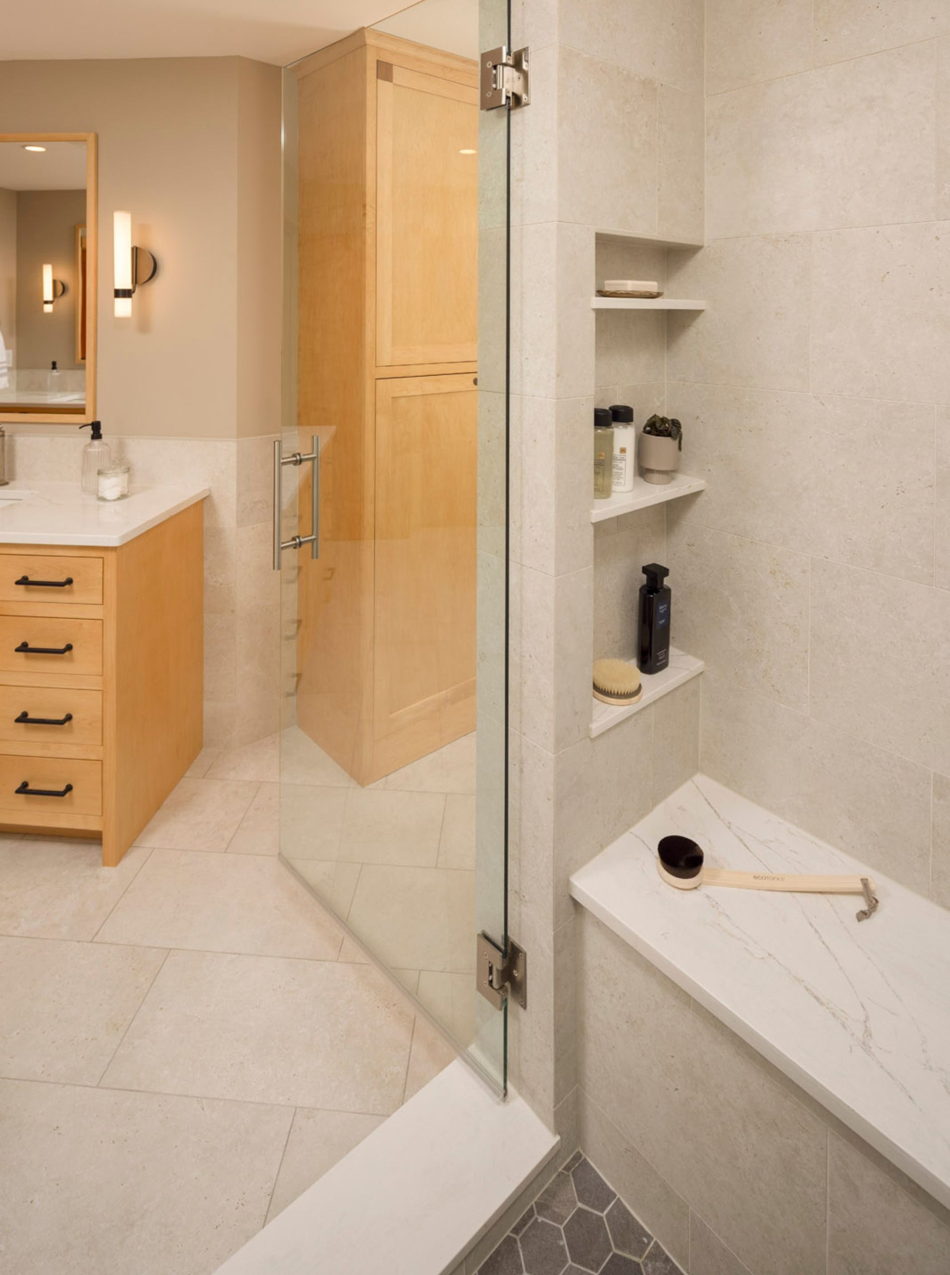 shower bench with shelving, glass shower door