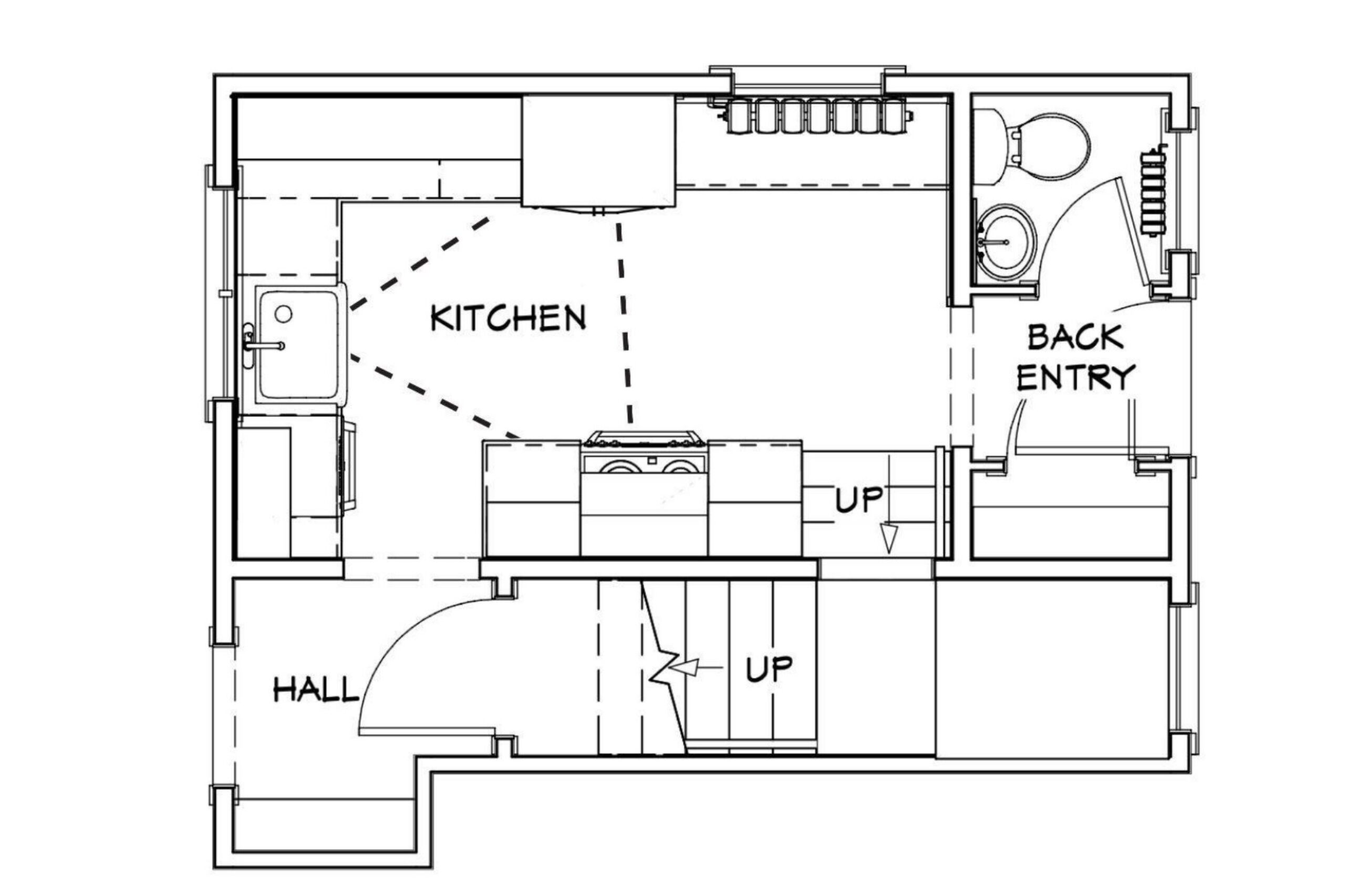 kitchen layout showing efficient work triangle between sink, refrigerator, and cooktop