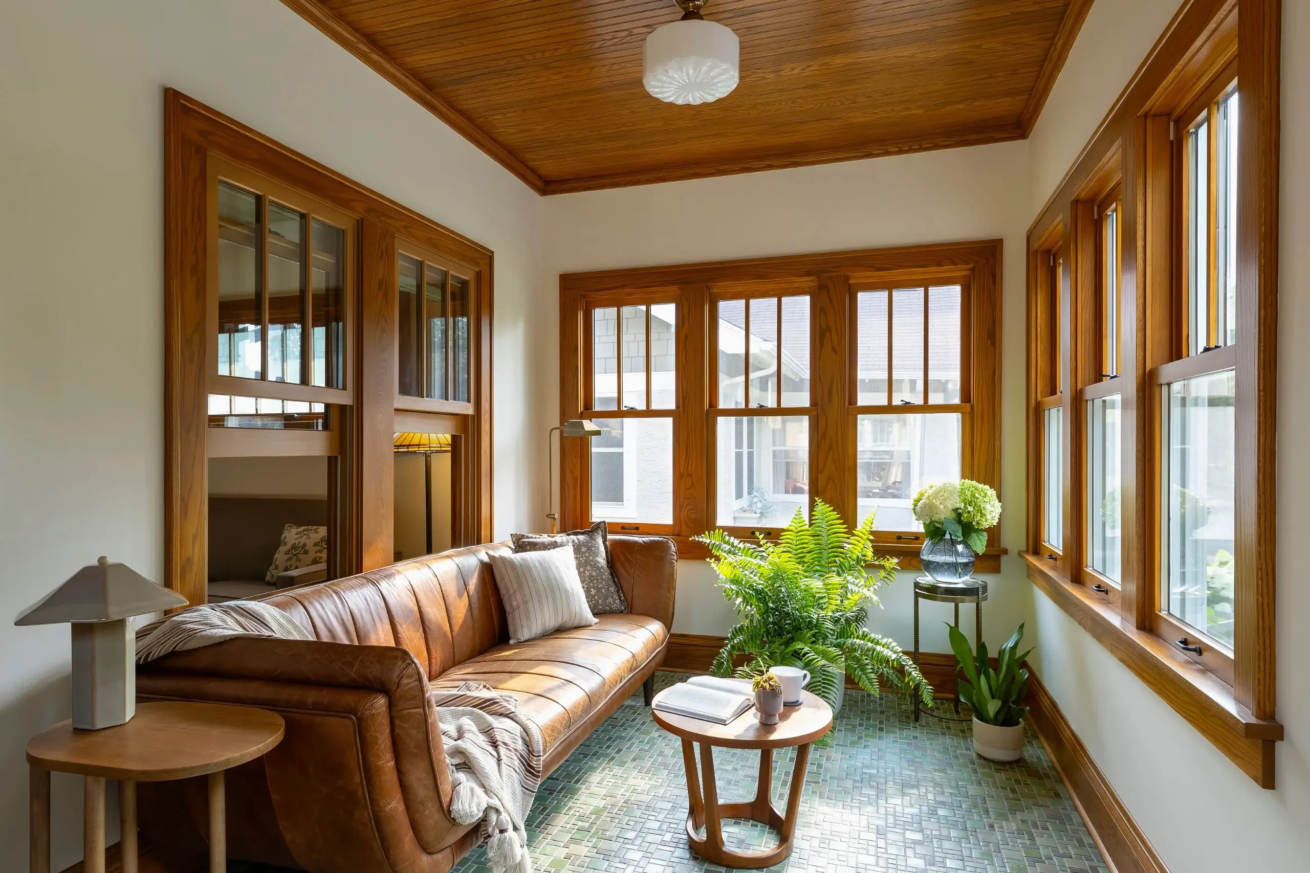 interior craftsman style porch with custom green handmade tile